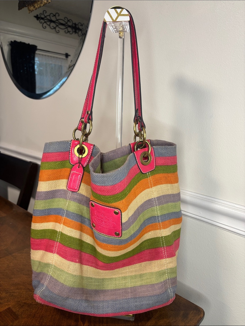 Coach HTF Legacy Striped Multicolor Woven Tote Bag with Pink Patent Leather Trim - Picture 3 of 16